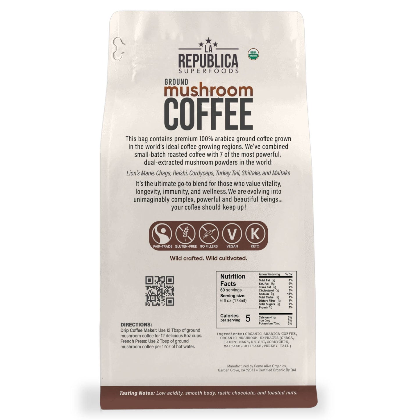 La Republica Coffee - USDA Organic GROUND Brazilian Mushroom Coffee 12oz