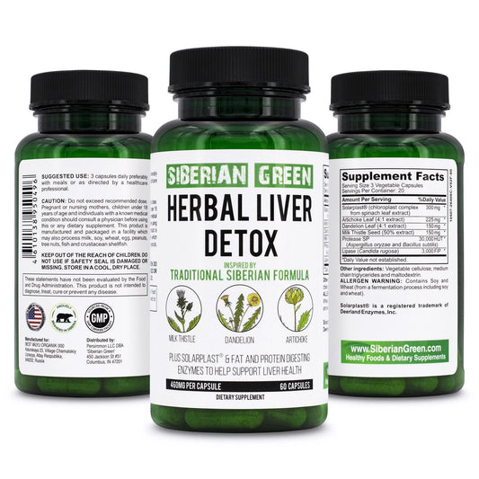 Siberian Green Herbal Liver Detox 60ct - Milk Thistle Artichoke Dandelion